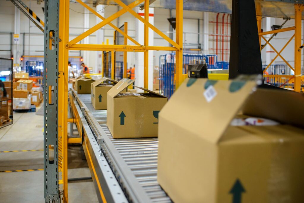 boxes on conveyor as part of automated packaging line